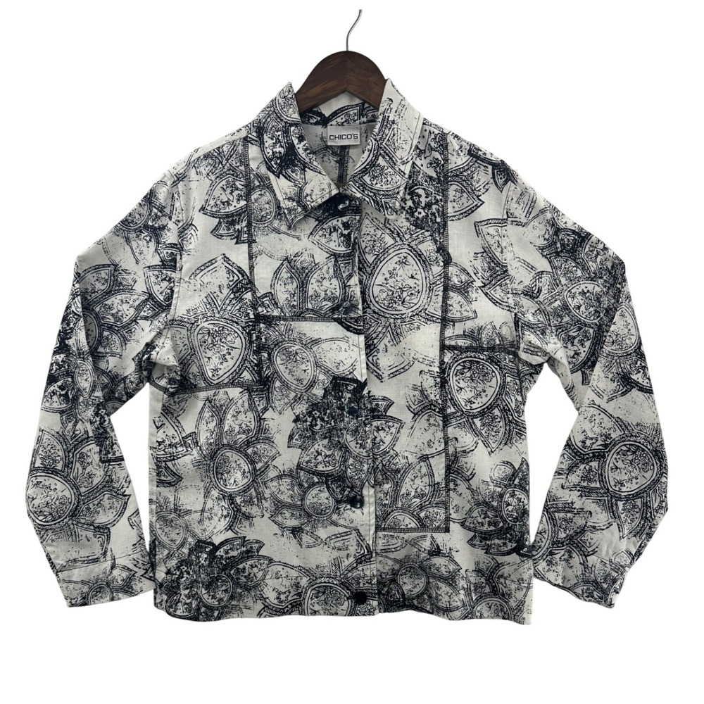 Chico's Linen Button Down Shirt Black White Floral Print Size 1 (Medium)